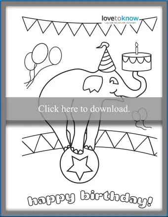 Tarjeta de cumpleaños de elefante de circo para imprimir para colorear