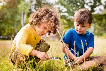 Niños pequeños que usan una lupa en un parque