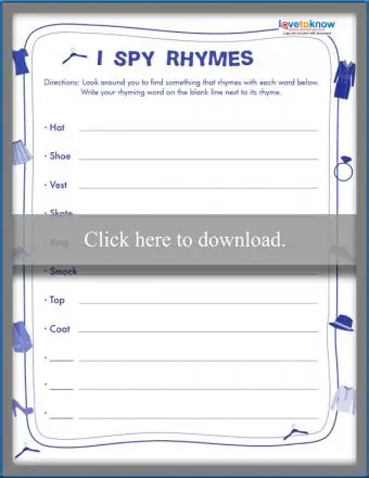 I Spy Rhymes Hoja de trabajo imprimible