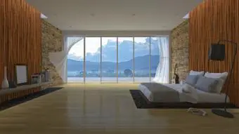 Dormitorio con pared de bambú