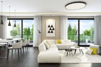 Sala de estar moderna de estilo blanco fresco con baldosas de piedra natural