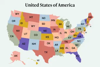 Colorida ilustración de mapa de Estados Unidos con etiquetas de estado 
